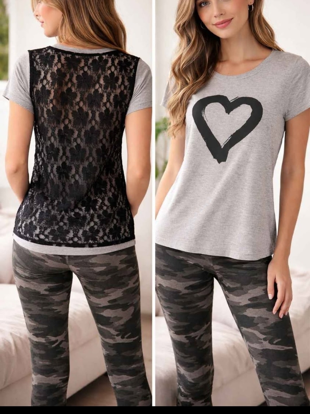 Ardenes Lace-Back Heart Tee & Garage Camo Leggings Set - Gray/Black